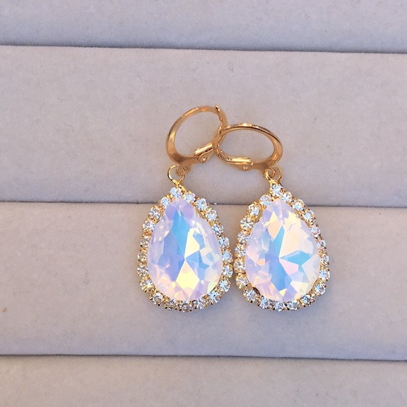 White Opal Aurora Borealis + Gold Pear Crystal Halo Drop Earrings - Picture 4 of 6